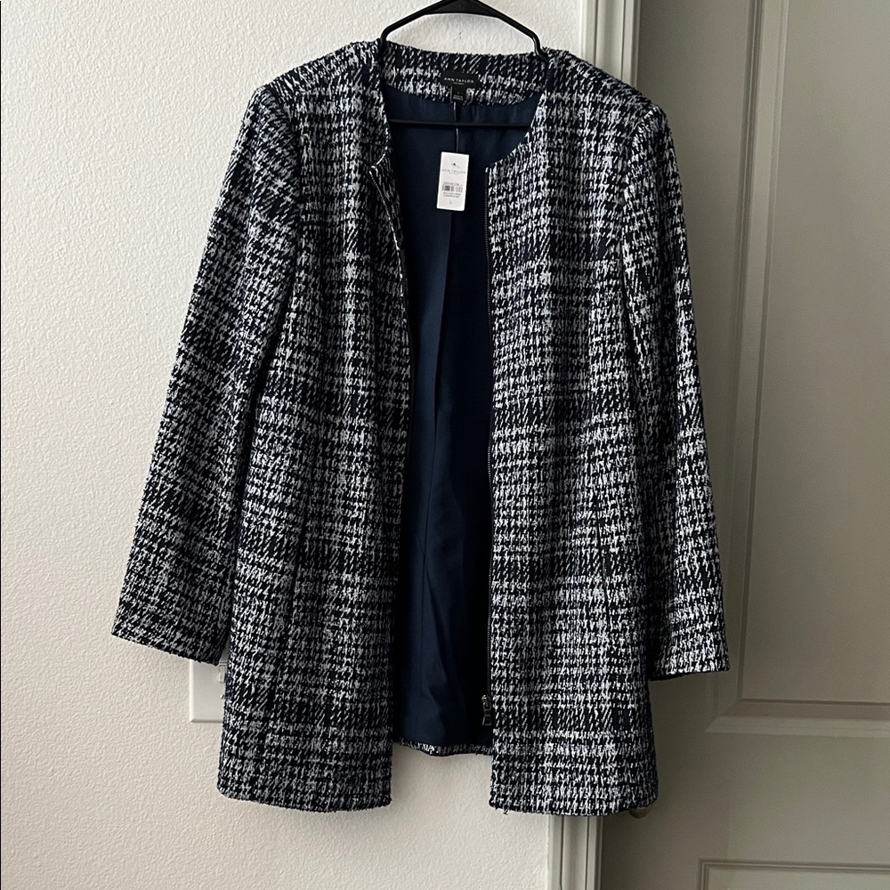 Ann Taylor Navy Blue and White Plaid Blazer
